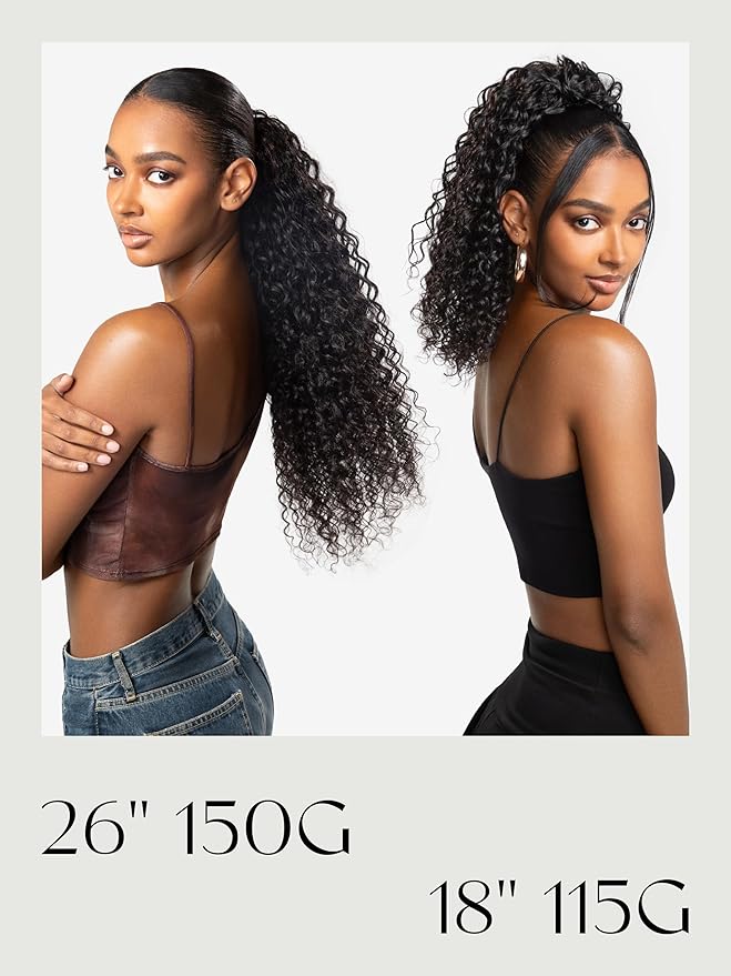 Frodio Clip in Ponytail Extension Human Hair for women 22 Inches Long Water Wave Curly Extension Ponytail Natural Color
