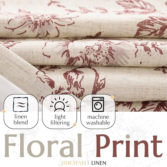 jinchan Red Floral Linen Curtains Lined 90 Inch Farmhouse Back Tab 2 Panels | - Image 2