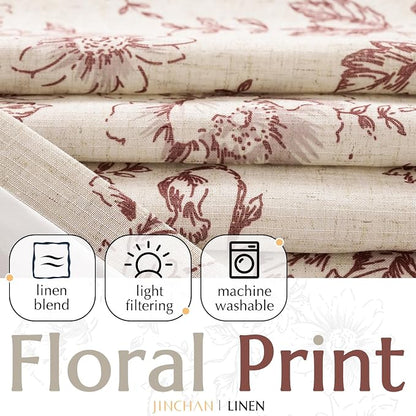 jinchan Red Floral Linen Curtains Lined 90 Inch Farmhouse Back Tab 2 Panels | - Image 2