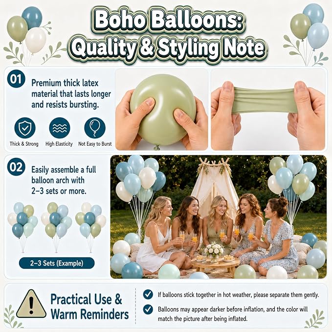 Boho Blue Green balloons, 12 Inch Sage Green Dusty Blue and Sand White Latex - Image 7