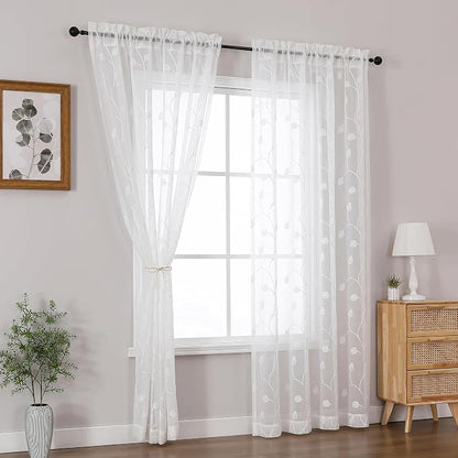 White Sheer Curtains Decorative Embroidered Leaf 84 Inches Long | Light - Image 2