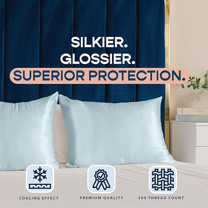 BLISSFORD Satin Pillowcase with Zipper, for Hair and Skin Care, Feels Soft and Cool Like a Silk Pillowcase, Satin Pillow Cases 2 Pack, Slik Pillow Cover, Baby Blue - Queen Size, Set of 2