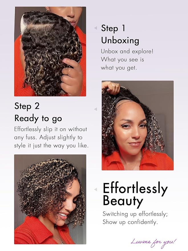 LUVME HAIR 10 Inch Blonde Highlight Short Curly Human Hair Wig Glueless Pre Plucked Left C Parted Ombre Bob Wig, Ready to Go Pre Cut HD Lace Closure Wig