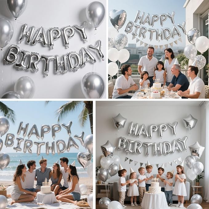 Silver Happy Birthday Balloon Banner Set -16 Inch Foil Letters Balloons - Image 6