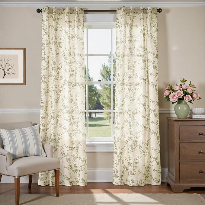 Green Vintage Floral Linen Curtains Farmhouse 38W X 84L 2 Panels | Elisa Series - Image 2