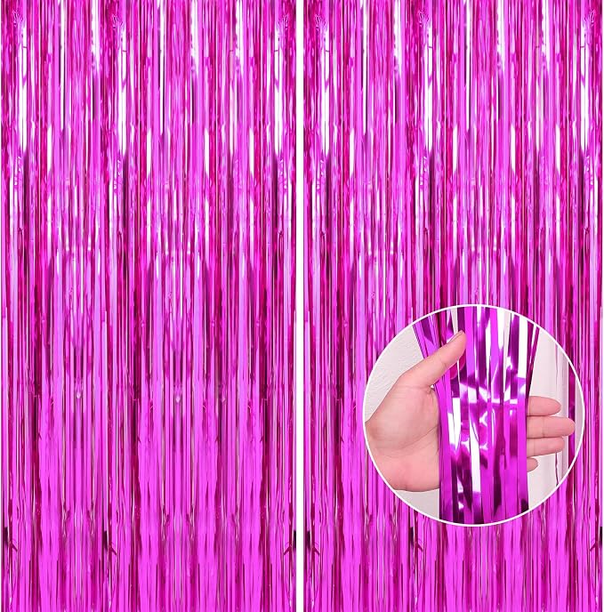 Crosize 2 Pack Hot Pink Party Streamers Backdrop, 3.3 x 9.9 ft | Tinsel Foil by Crosize