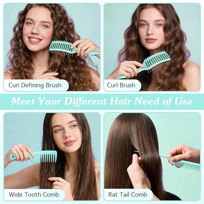 Curly Hair Brush & Curl Defining Brush – Easily Detangles Knots with Less Pulling – Styles Wet or Dry Hair, Tames Frizz for All Curl Types (Green 3Pcs)