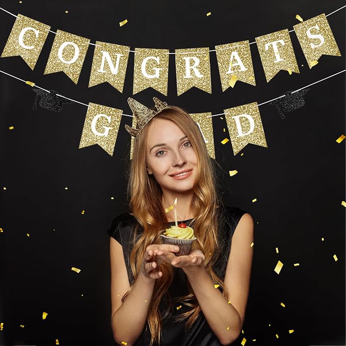 Congrats Grad Banner Gold Glitter Pre-Strung Congrats Grad Sign Decorations - - Image 8