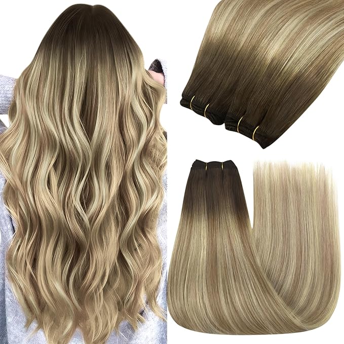 YoungSee Hair Extensions Weft Ombre Sew in Extensions Walnut Brown Ombre Light Brown with Blonde Balayage Double Weft Human Hair Extensions for Long Hair 22Inch 100G