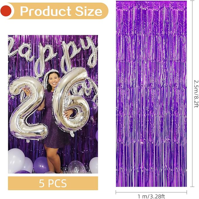 5 Pack Purple Fringe Backdrop 3.2ft x 8.2ft Foil Curtain Tinsel Foil Fringe - Image 3