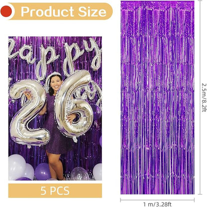 5 Pack Purple Fringe Backdrop 3.2ft x 8.2ft Foil Curtain Tinsel Foil Fringe - Image 3