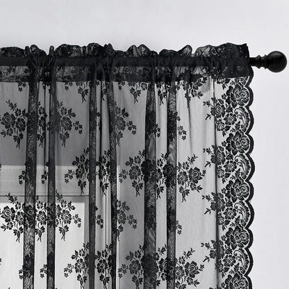 Kotile Black Lace Curtains for Bedroom Rustic Floral 42 x 72 Inch, 2 Panels | - Image 4