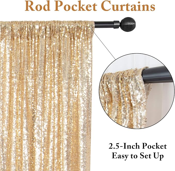 ShinyBeauty Gold Sequin Backdrop Panels 2FTx8FT Sparkly Light Gold Drapes - Image 3