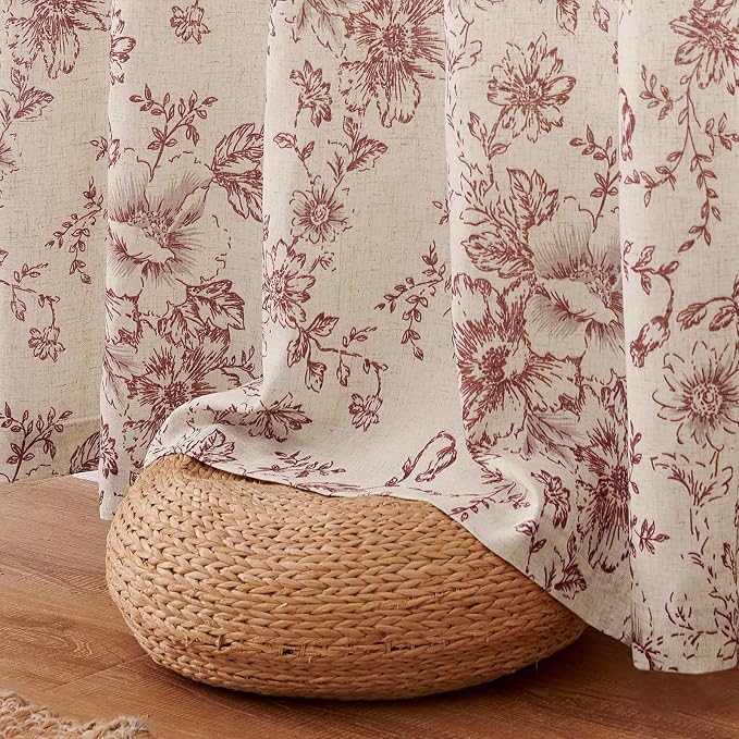 jinchan Red Floral Linen Curtains Lined 90 Inch Farmhouse Back Tab 2 Panels | - Image 8