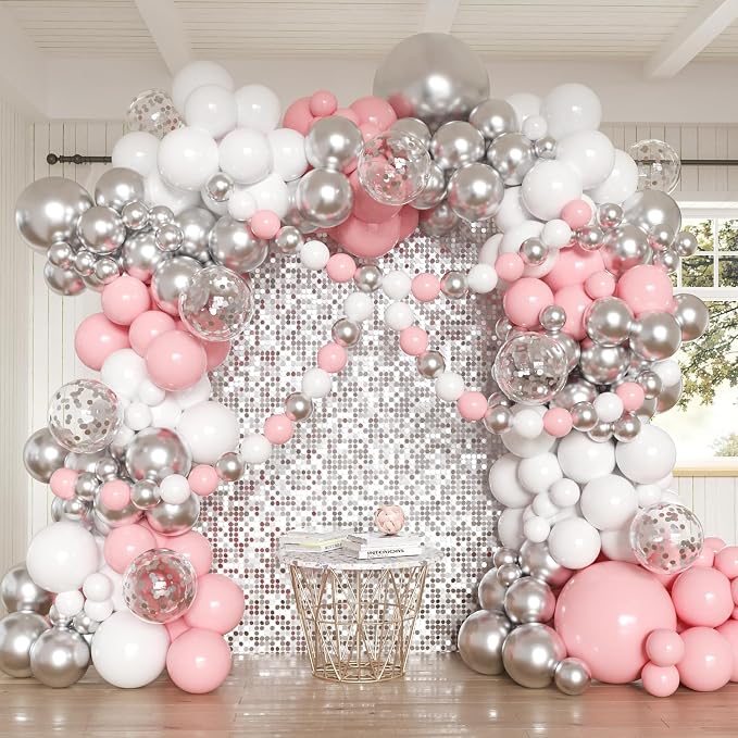 Pink White Silver Balloons Arch Kit by Anhiy