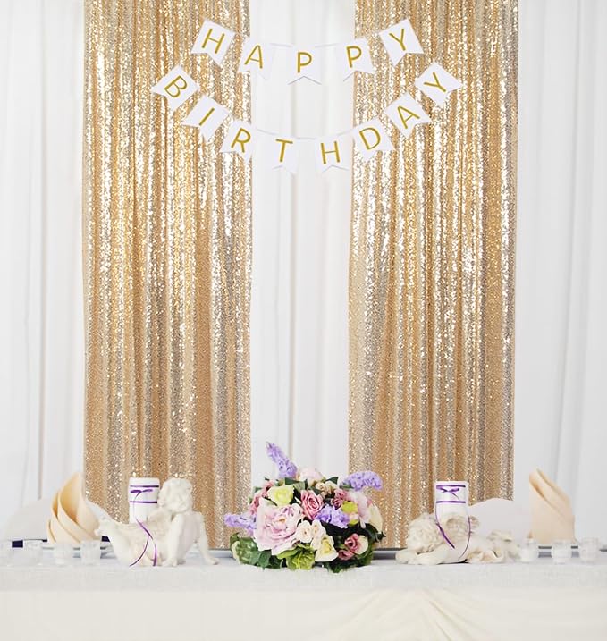ShinyBeauty Gold Sequin Backdrop Panels 2FTx8FT Sparkly Light Gold Drapes - Image 2