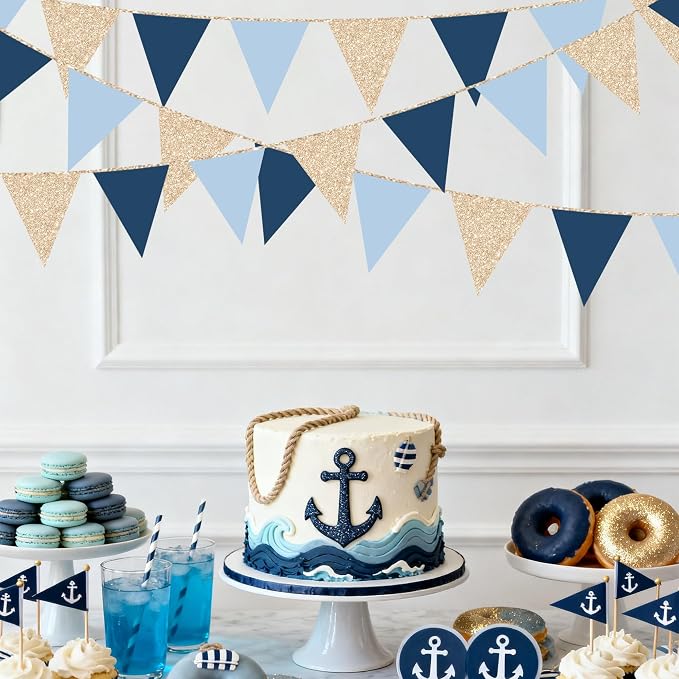 Champagne Gold Navy Blue Dusty Blue Pennant Banner Flag Hanging Paper Triangle - Image 8