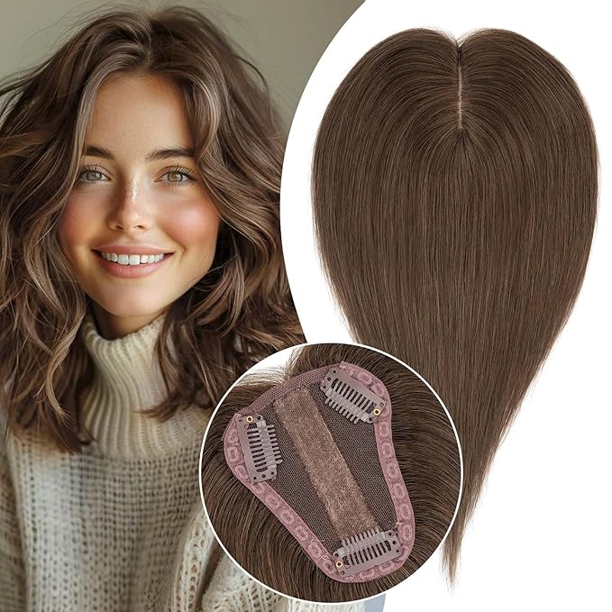 S-noilite Hair Toppers for Women Real Human Hair 3D 360° Cover Clip in 100% Real Human Hair Toppers 3″*4″ Clip in Silk Base 10 inch Natural Brown