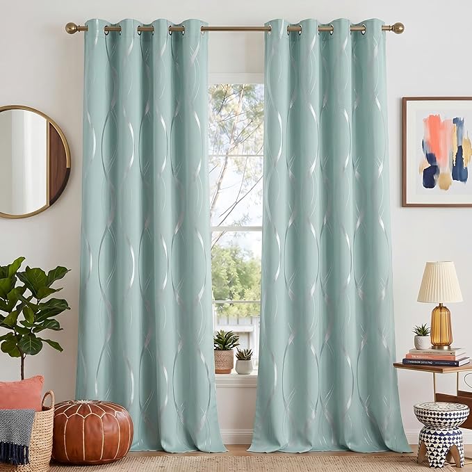 NICETOWN Aqua Blue Floral Blackout Curtain Panels 84 inches 2 Pieces, 52 inches by NICETOWN
