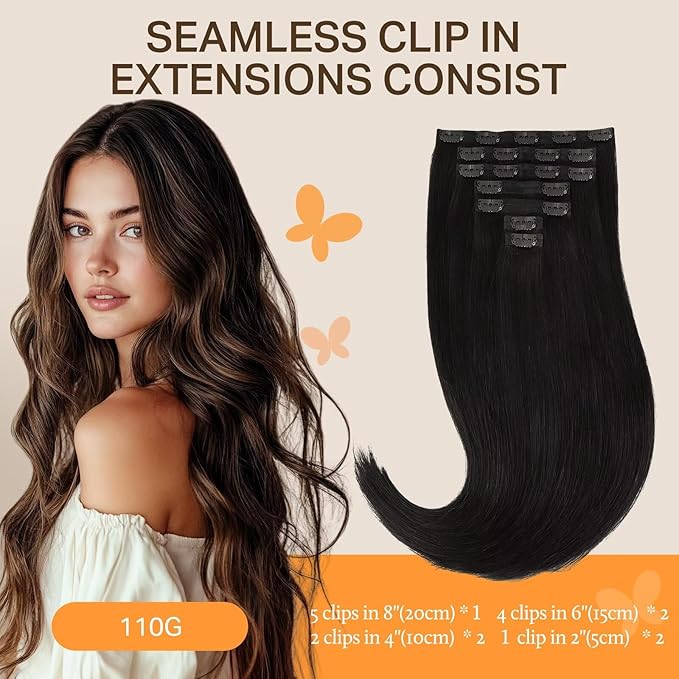 DOORES Seamless Clip-in Real Human Hair Extensions, Natural Black 20 Inch 110g 7pcs, Remy Hair Extensions Straight Invisi Edge Weft