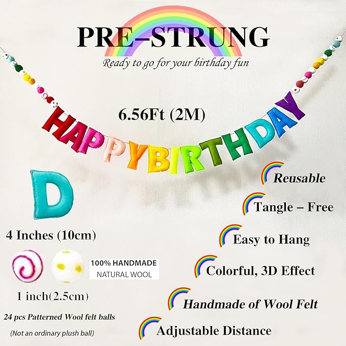 Pre-Strung Happy Birthday Banner, Reusable HAPPY BIRTHDAY Felt Ball Garland | - Image 4