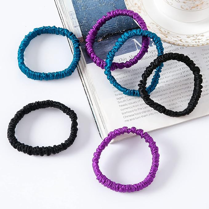 6 Set 100% Pure Mulberry Silk Hair-Friendly + Luxurious Elastic Skinny Scrunchies Travel Pouch Everyday Hair Ties Elastics Hair Care Ponytail Holder No Damage