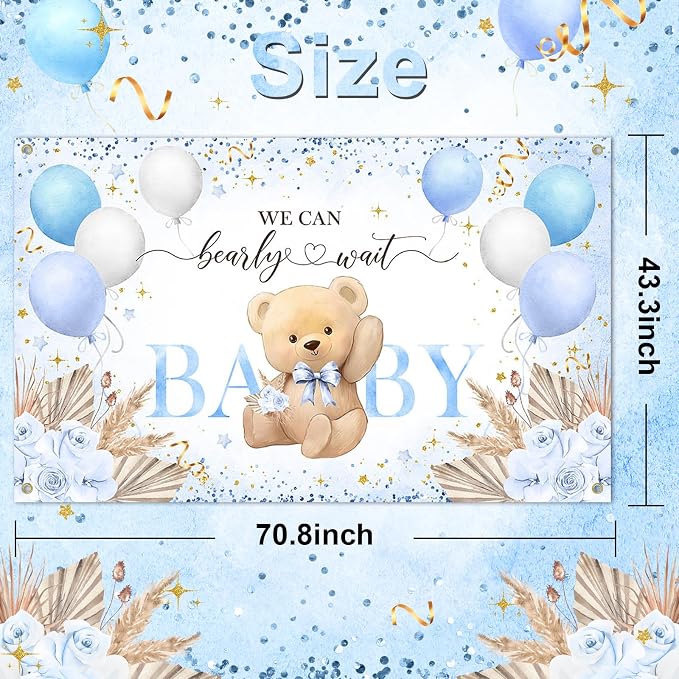 Blue Bear Baby Shower Backdrop 6x3.6 ft We Can Bearly Wait Banner - Image 3