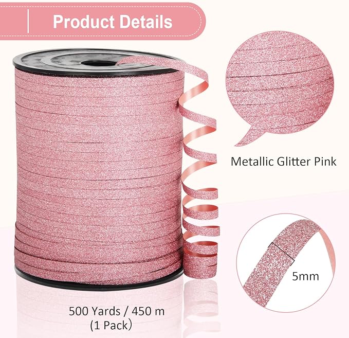 Pink Ribbon, 500 Yard Glitter Pink Curling Ribbon - Image 5
