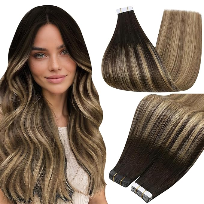 Full Shine Human Hair Tape in Extensions Color 2 Dark Brown Ombre 8 Ash Brown And 27 Blonde Remy Tape in Hair Extensions Human Hair 18Inch Straight Seamless Skin Weft 50Gram 20Pcs for Wedding