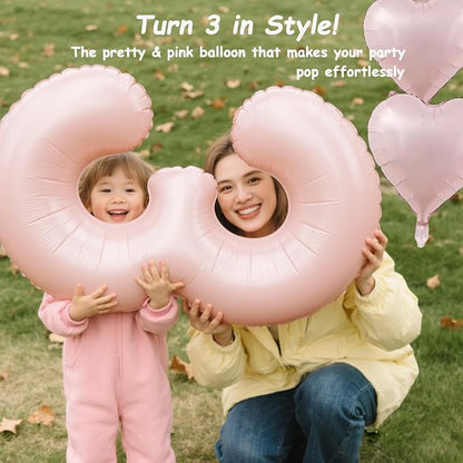 LilyZheng Pastel Pink Number 3 Foil Balloon Set, Baby Pink 3 Balloon & Bow - Image 6