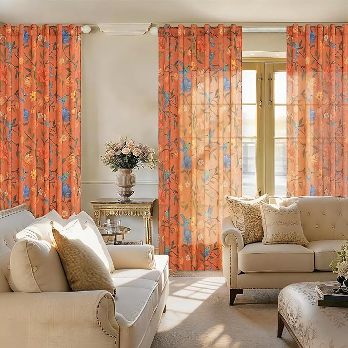 72 Inch Boho Floral Curtains Tropical Bird Print Linen Semi Sheer Window Drapes - Image 7