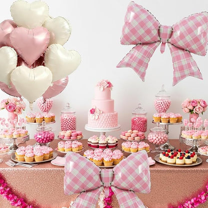Vuzvuv Whiite Pink Gingham Bow Heart Balloons Set, Bridal Shower（Mix Colors） - Image 4