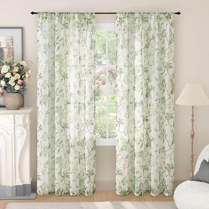 Sage Green Curtains for Bedroom Sheer, Spring Leaf Vines Patterned Farmhouse by Lajode