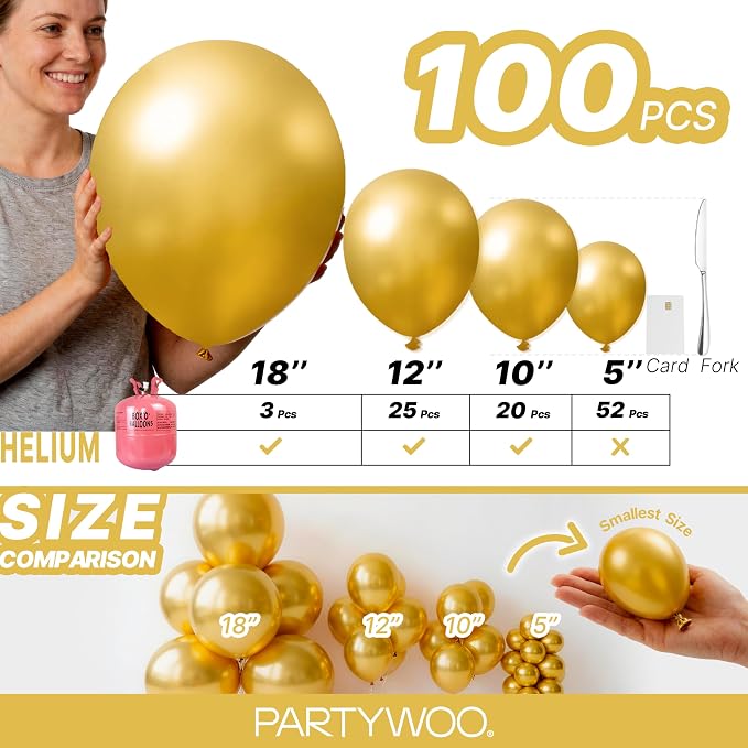 PartyWoo Gold Balloons 100pcs Different Sizes of 18 12 10 5 Inch | Balloons - Image 6