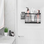 Hair Tool Organizer - Black Steel Wall Mounted Hair Dryer Holder with Removable Basket, 10.62"L x 4.33"W x 6.69"H, Ideal for Small Bathrooms