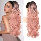 ALXNAN Ponytail Extension,24 Inch Claw Clip in Long Curly Wavy Omber Black to Pink Ponytail Hair Extension Jaw Clip on Pony Tails Hairpiece for Women