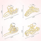 4Pcs Large Metal Hair Claw Clips with Rhinestones & Pearls, Peacock-Music Note-Butterfly-Ginkgo Non-Slip Hair Clips for Thin/Medium/Thick Hair, Gold Sparkly Strong Hold Hair Claws for Women Girls