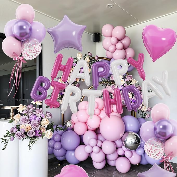 29PC Pink Purple Happy Birthday Balloon Banner, 16 Inch Foil Letters Letter - Image 3