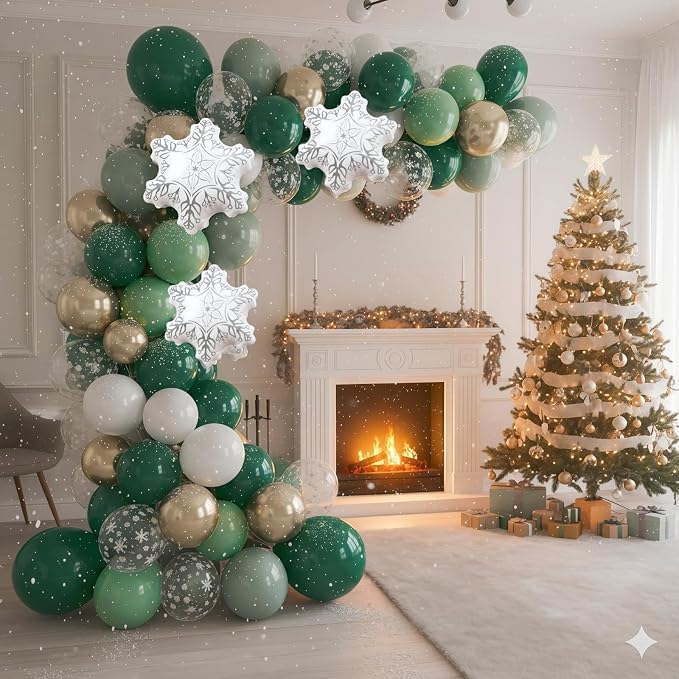 Winter Wonderland Balloon, Dark Sage Green Pastel Green White Metallic Gold - Image 4