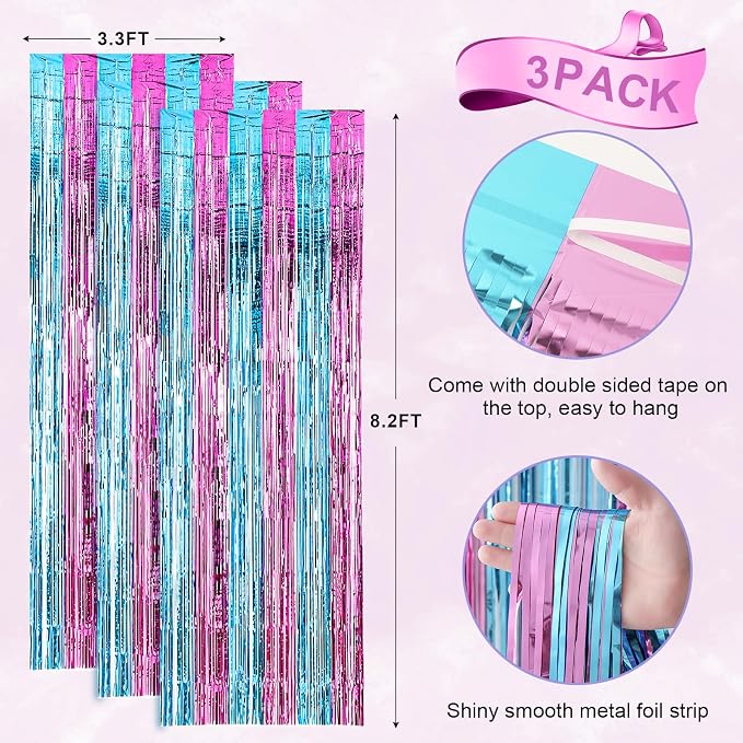 Voircoloria Blue Pink Foil Fringe Backdrop Curtains, 3 Pack | Tinsel Streamers - Image 3