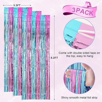 Voircoloria Blue Pink Foil Fringe Backdrop Curtains, 3 Pack | Tinsel Streamers - Image 3