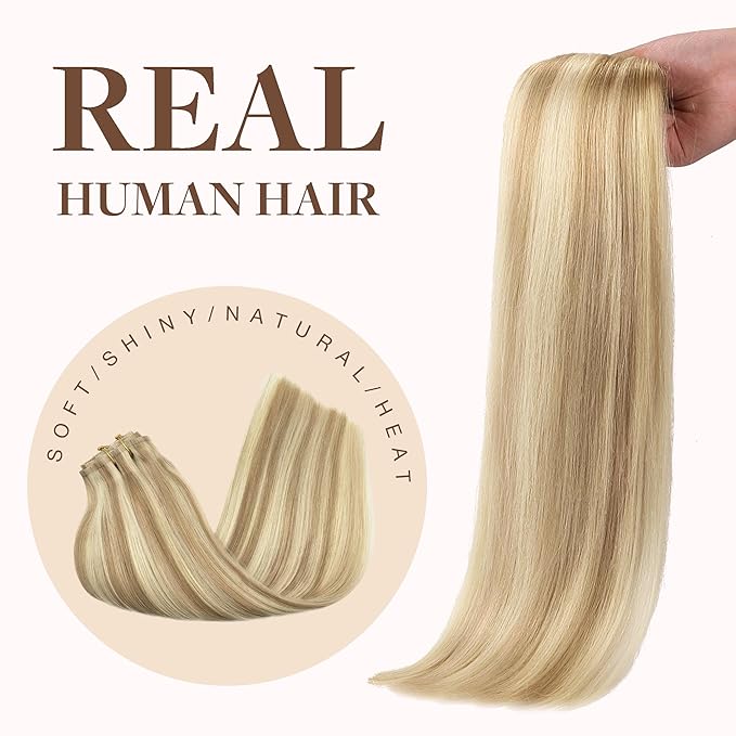 GOO GOO Clip in Hair Extensions Real Human Hair, Remy Human Hair Extensions Clip ins for Women, Natural Human Hair, 24inch 140g 7Pcs, #18A/613A Dark Blonde Highlighted Bleach Blonde