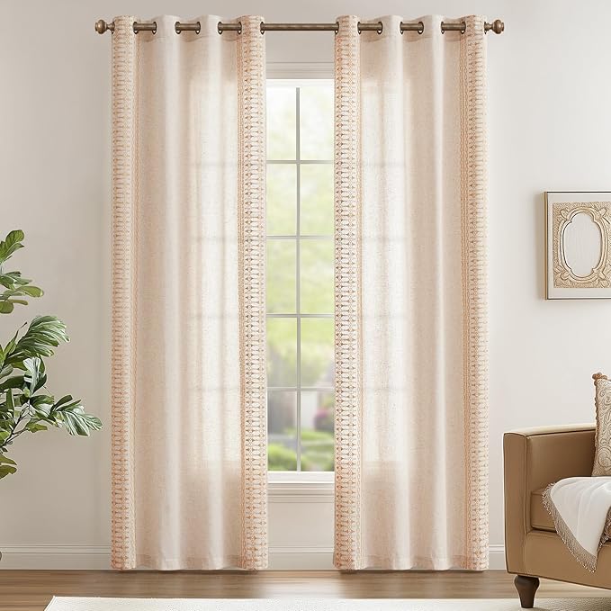 jinchan Boho Curtains Embroidered Linen Blend Window Curtains - Image 2