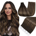 Full Shine Tape in Hair Extensions Ombre Color 2/8/2 Dark Brown Highlight Ash Brown with Shadow Roots 22 Inch Human Hair Extensions Tape Ins 20PCS 50g Natural Straight Extensions for Women Real Hair
