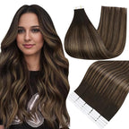 Full Shine Tape Ins Human Hair Extensions 16 Inch Tape Hair Extensions 50G Straight Silky Hair Color 2 Fading to 8 Highlight 2 Darkest Brown Double Sided Tape in Extensions 20pcs Add Volume