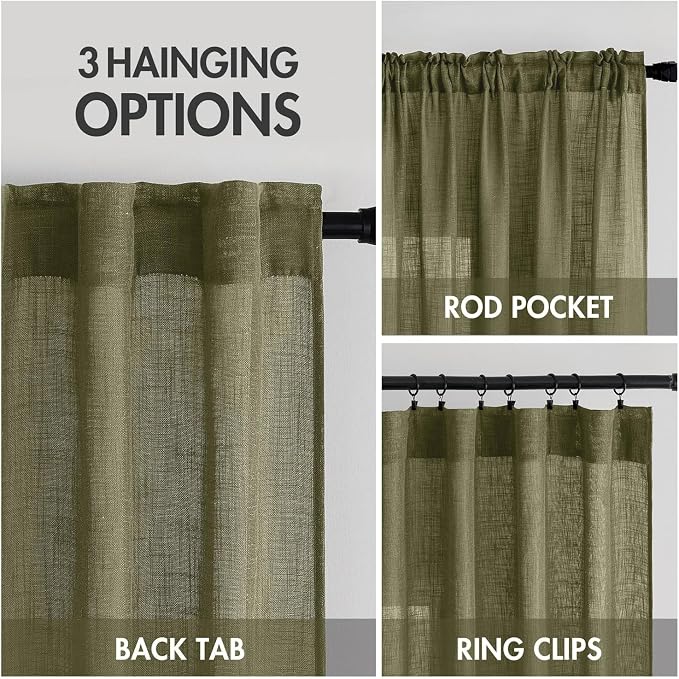 MIULEE Light Olive Green Linen Curtains 52x96 Inch Long 2 Panel - Image 3