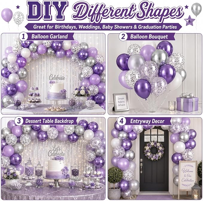 Purple Silver Balloons, Girls Baby Shower Women Bridal Shower Wedding - Image 6