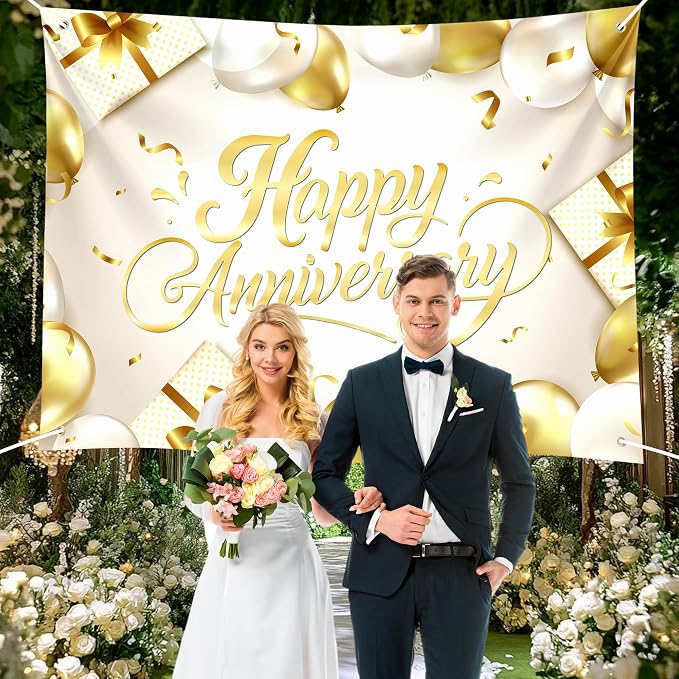 Happy Anniversary Backdrop Banner White Gold Elegant Photography Background - Image 4