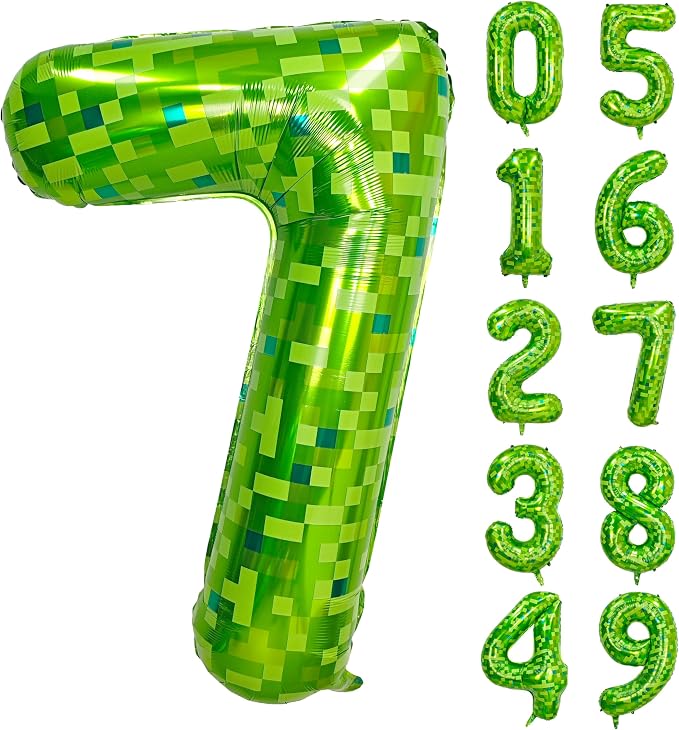 40 inch giant Green pixel miner game number 7 balloon | Large mining theme foil by Exquisitehighqualitypartydecorationstomeetyoureveryneed%EF%BC%81