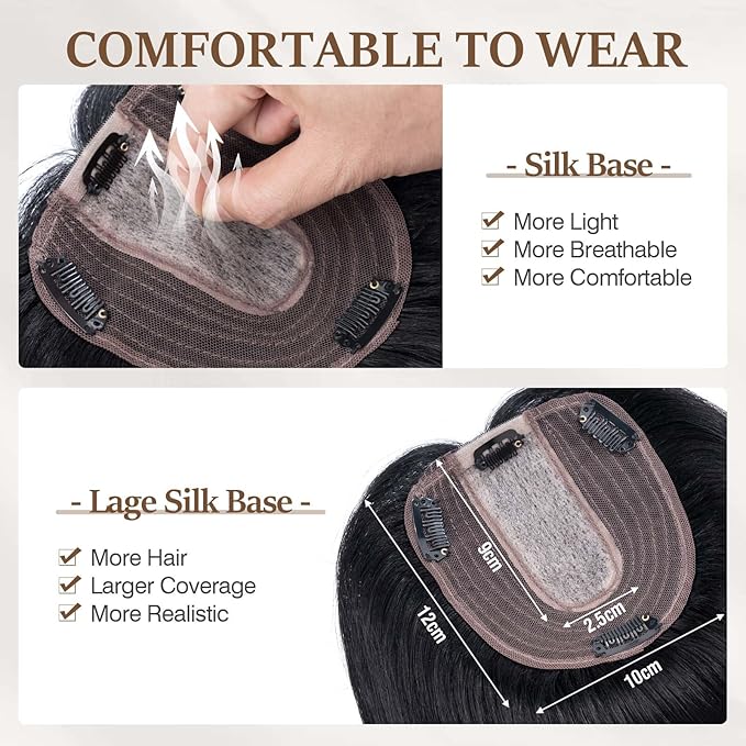 Rich Choices Hair Toppers for Women Real Human Hair 100% Human Remy Toppers NO Bangs for Women with Thinning on Top Clip in Hairpiece 4"x4.7"Lace Base 12 Inch #1 Jet Black